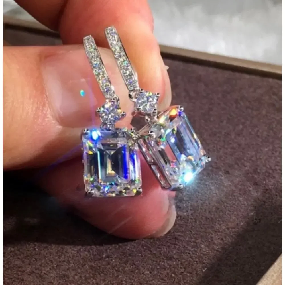 NEW 18K WHITE GOLD RADIANT DIAMOND DROP EARRINGS